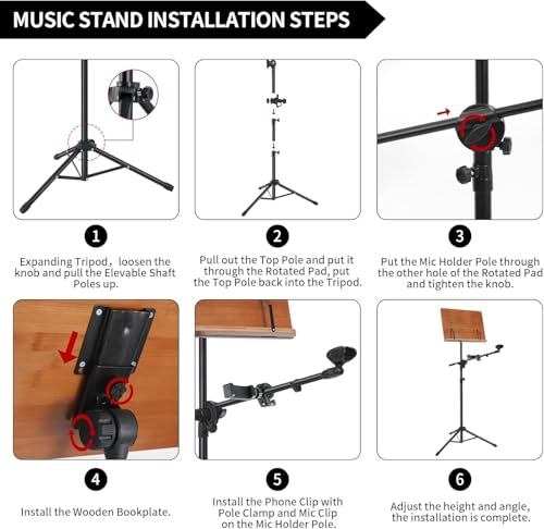 3-in-1 Sheet Music Stand with Phone and Microphone Holder, Brown Wooden , Folding Desktop Book Stand Liftted Metal Support Adjustable Design