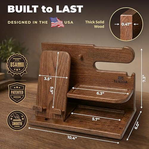 TESLYAR Wood Phone Docking Station for Men - Desk or Nightstand Organizer - Birthday Gifts for Husband or Dad - Anniversary Idea from Wife - Key Holder, Stand Wallet, Watch & Essentials (Earth Beige) | Mens Bedside Organiser with Key Holder, Wallet & Watc
