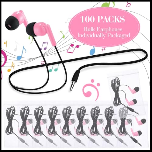 Kanayu 100 Pack Wired Earbuds Bulk for Classroom, 3.5MM No Mic,Pink | Student Headphones for School Library Laptop, Individually Bagged Earphones with Jack for Training and Group Learning - color: Pink