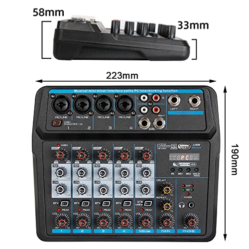 Professional DJ Audio Mixer, NEW BAXS 6 Channel Bluetooth Controller Sound Mixer, USB Interface, 99-Bit DSP XLR, AUX, TRS Processor MP3 Player w/48V Phantom For Karaoke Studio Streaming Recording