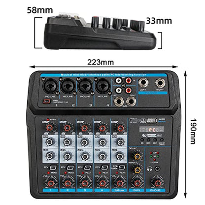 Professional DJ Audio Mixer, NEW BAXS 6 Channel Bluetooth Controller Sound Mixer, USB Interface, 99-Bit DSP XLR, AUX, TRS Processor MP3 Player w/48V Phantom For Karaoke Studio Streaming Recording
