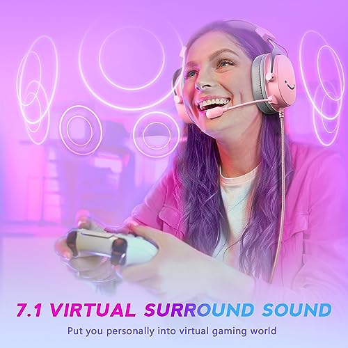 FIFINE USB Gaming Headset, PC Over-Ear Wired Streaming Headset with 3.5mm Jack, Detachable Microphone, 7.1 Surround Sound, Control Box, Passive Noise Cancellation, for PS5/Xbox/Switch-H9 Pink | Balanced Audio, 7.1 Surround Sound, Total 10ft Long Cable, De