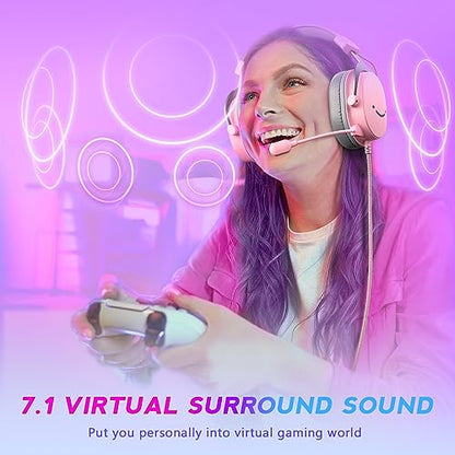 FIFINE USB Gaming Headset, PC Over-Ear Wired Streaming Headset with 3.5mm Jack, Detachable Microphone, 7.1 Surround Sound, Control Box, Passive Noise Cancellation, for PS5/Xbox/Switch-H9 Pink | Balanced Audio, 7.1 Surround Sound, Total 10ft Long Cable, De