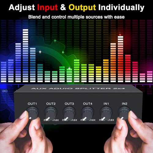 2 in 4 out 3.5mm Aux Audio Splitter Stereo Line Level Distributor Mixer with Independent Volume Control