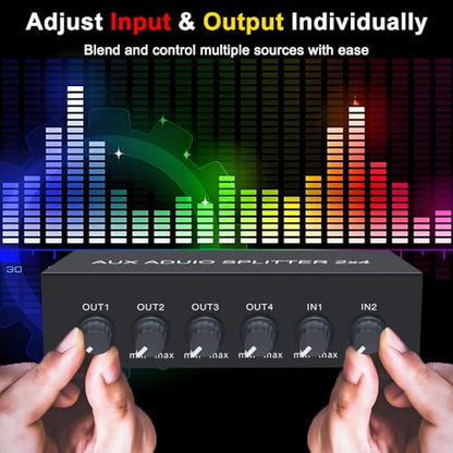 2 in 4 out 3.5mm Aux Audio Splitter Stereo Line Level Distributor Mixer with Independent Volume Control