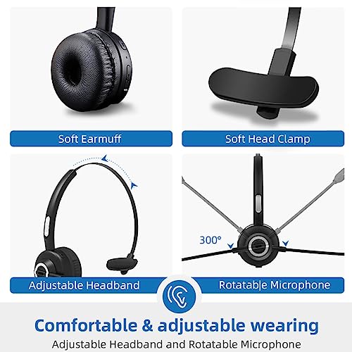 Call Center Headset, Noise Cancelling Comfort 300° Flexible Noise Cancelling Microphone, Bluetooth Headset with 10 M Wireless Range, with Magnetic Charging Base, Suitable for Office Classroom.