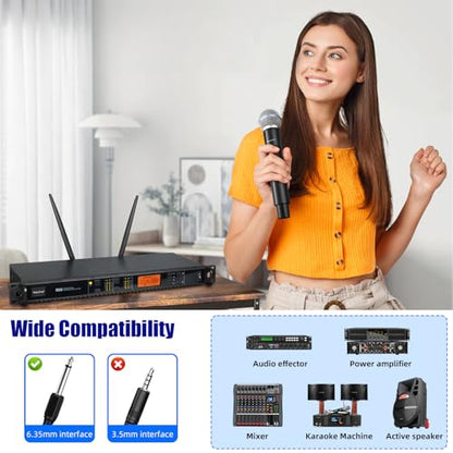Depusheng Wireless Microphones System with 2 Channels Cordless Handheld Microfono Inalambrico, 200FT UHF Range, Mics with Stable Signal Transmission for Karaoke Singing Party Church Wedding PA Speaker