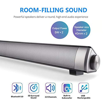TOPROAD Sound Bar, Bluetooth 5.0 Wired/Wireless Speaker, Built-in Mic | 2.0 CH Surround, 3 Modes, Touch/Remote Control, Suitable for Cell Phone/Tablet/Projector/TV with BT, AUX/RCA Output