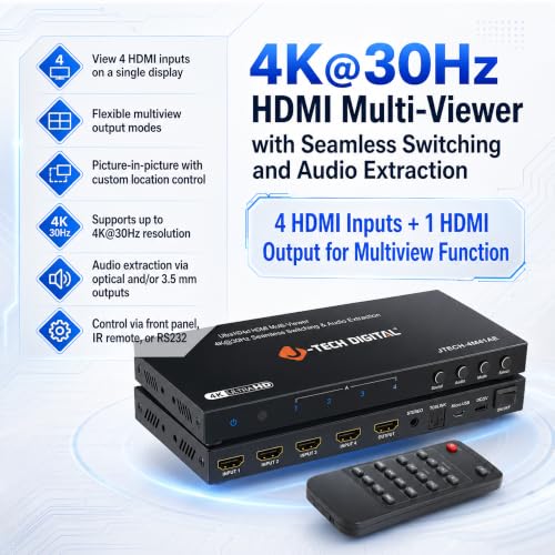 J-Tech Digital 4K HDMI Multiviewer Switch 4 in 1 Out, 4x1 4K 30Hz HDMI Quad Multiviewer Seamless Switcher with PiP, 6 Viewing Modes, Audio Extraction via Optical 3.5mm (JTECH-MV41AE)