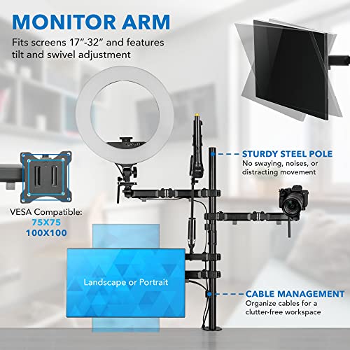 Mount-It! All-in-One Streaming Desk Mount – 4 Arm Setup for Monitor, Camera, Ring Light & Mic – Live Stream Equipment for YouTube, Podcast, Gaming, Zoom – VESA Compatible, Clamp/Grommet Base - size: 4 arm