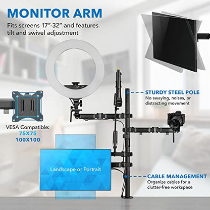 Mount-It! All-in-One Streaming Desk Mount – 4 Arm Setup for Monitor, Camera, Ring Light & Mic – Live Stream Equipment for YouTube, Podcast, Gaming, Zoom – VESA Compatible, Clamp/Grommet Base - size: 4 arm