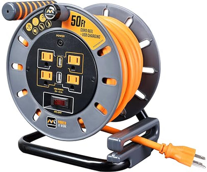 Masterplug 50ft Cord Reel, Retractable Extension Lead with Winding Handle, Safety Overload Circuit Breaker and Power Switch, 4x Grounded Outlets, 2x USB Ports, 15amps, 12AWG Cable - size: 50ft, style: 12 AWG