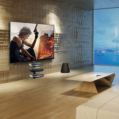 DVD Floating Shelf, Glass TV Wall Mount with Shelf for DVD Player / PS4 / Cable Boxes / Game Consoles / Sky Box / TV Accessories, Media Shelf, Flat Black Wall Mount Bracket, AV Shelves, 3 Tiers CS303B - size: 3 Shelves