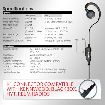 Klein Electronics Curl 2 Pin PTT Earpiece - in-Line Mic PTT Button 2 Way Radio Earpiece Headset Single Wire for Blackbox Zone Blackbox Bantam Kenwood TK Series Hytera and Other 2 pin Radios