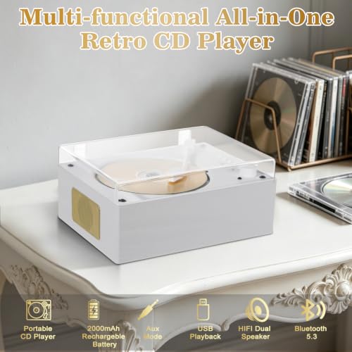 CD Player with Bluetooth 5.3, Wood Grain CD Player for Home, Retro Desktop Music Player, Dual HI-FI Speakers with Remote Control | Wood Grain CD Player for Home, Retro Desktop Music Player, Dual HI-FI Speakers with Remote Control - color: Walnut Wood Grai