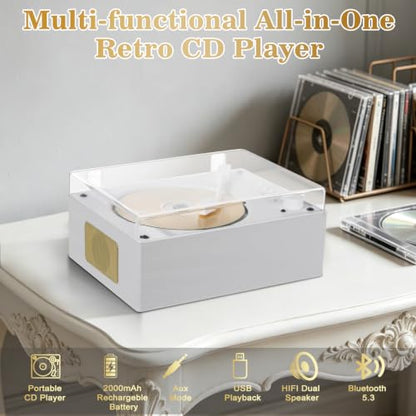 CD Player with Bluetooth 5.3, Wood Grain CD Player for Home, Retro Desktop Music Player, Dual HI-FI Speakers with Remote Control | Wood Grain CD Player for Home, Retro Desktop Music Player, Dual HI-FI Speakers with Remote Control - color: Walnut Wood Grai