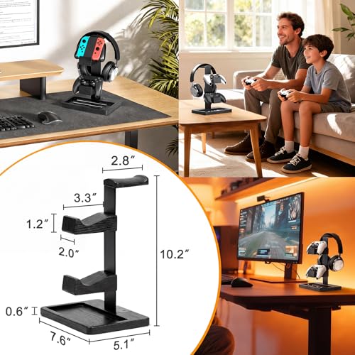 Solid Wood Controller Holder and Headphone Stand, Controller Stand for Desk | Dual Gaming Controller Organizer Rack, Fits Xbox, PS4, PS5, Gamepad, Headset Holder for Son, Husband, Boyfriend-Black