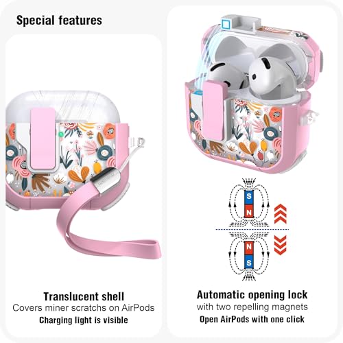 WENEW Case for AirPods 4th Case Cover Secure Lock Automatic Snap Switch Clip Cleaner Kit Lanyard Women Stylish Flower Armour Hard Shell Full Body Front LED Visible (Pink Flower, AirPods 4th) - color: Pink Flower, size: AirPods 4