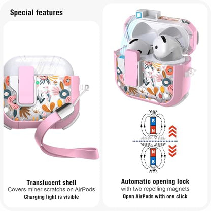 WENEW Case for AirPods 4th Case Cover Secure Lock Automatic Snap Switch Clip Cleaner Kit Lanyard Women Stylish Flower Armour Hard Shell Full Body Front LED Visible (Pink Flower, AirPods 4th) - color: Pink Flower, size: AirPods 4
