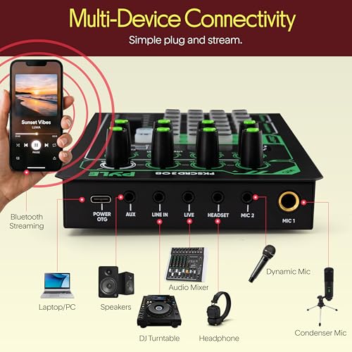 Pyle Pro Live Broadcast Sound Card | Rechargeable Mixer Kit w/ Condenser Mic | 8 Voice FX - 12 Presets | DSP Noise Reduction | Dual Mic Inputs | Solo Mode | Streaming, Podcasting, Gaming - PKSCRD308