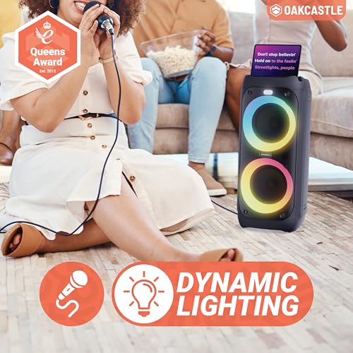 Portable Bluetooth Party Speaker | 80W Power & Rechargeable Battery up to 5H | Big Bluetooth Speaker 2.0 with Wired Microphone | Karaoke Mode, Party LED Lights & EQ Control | Oakcastle PS200