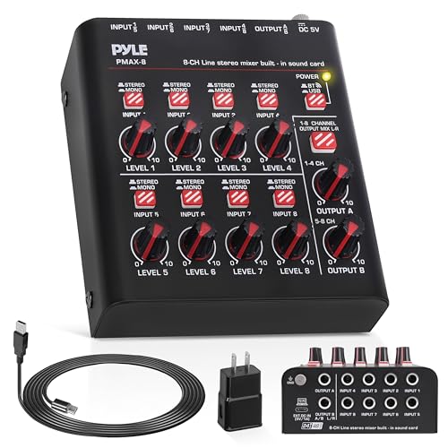 Pyle 8-Channel Bluetooth Mini Line Mixer with USB Audio Interface - 8 Mono/Stereo Switching Inputs | Ultra-low Noise Design with High Headroom | Built-in USB-C Sound Card - PMAX8 - size: 8 Channel