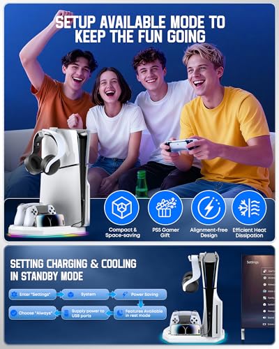 Cooling Station with Controller Charger for PS5/Slim/Pro, PlayStation 5 Vertical Stand for Disc & Digital Console, Dual PS 5 Controller Charging Station with 3 Level Cooling Fan, PlayStation 3 Games - color: All White