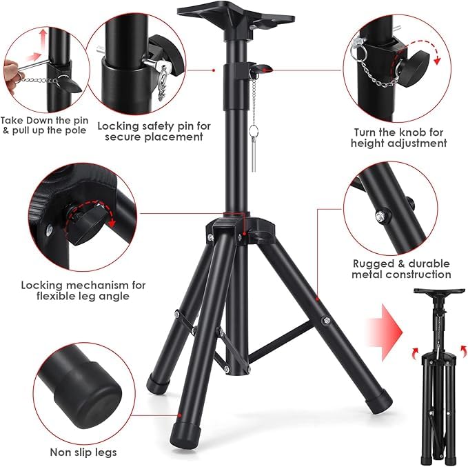 Speaker Tripod Stands, Adjustable PA DJ Short Tripod Stand | Mini Speaker Stand Compatible Insert Safety Pin and Knob Tension
