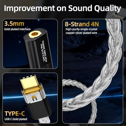 USB C to 3.5mm with CX31993 & MAX97220 DAC Headphone Adapter | Portable Decoding Amp Hi-Res 32bit/384KHz Audio Dongle with Silver-Plated OCC Cable for iPhone, Android, Mac, IEMs Earphones - color: Black
