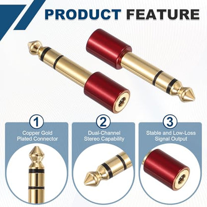 MECCANIXITY 2Pcs TRS 6.35mm Male to 3.5mm Female 1/4" Plug to 1/8" Jack Red | Stereo Headphone Adapter, Audio Converter, Pure Copper, Gold Plated, for Guitars Speakers Computers - color: Red
