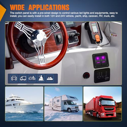 Nilight 2 Gang Rocker Switch Panel w/Purple LED Light 5Pin On Off Pre-Wired | Aluminum Toggle Switches Waterproof for 12V/24V Cars Marine Boats ATVs Trailers RV Trucks - color: Purple, size: 2 Gang