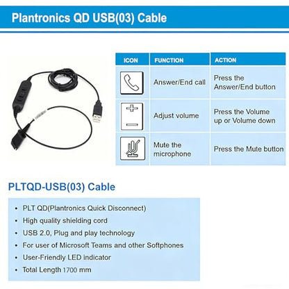 VT QD to USB Adapter Cable Compatible with 4-Pin Plantronic-Poly QD Headset with Quick Disconnect, Call/Volume Control and Mute, for MS Teams and Genesys - style: PLTQD-USB(03)