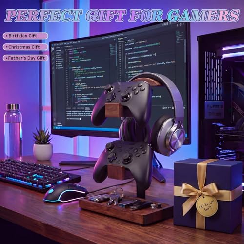 Headphone Stand with Controller Holder, Light Walnut - color: Light Walnut