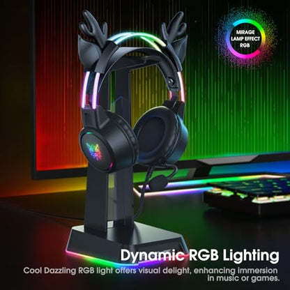 Lightweight Gaming Headset, RGB Lighting, Wired Over Ear Headphones with Mic for PC Laptop PS4 PS5 Switch, Stereo Surround Sound, Self-Adjusting Headband, Black Deer Ear - color: Black Deer Ear