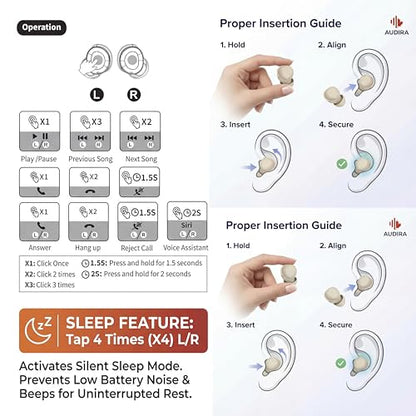 AUDIRA Mini Wireless Sleep Earbuds for Side Sleepers, Bluetooth 5.4 in-Ear Ear Buds with Noise Cancelling, IPX4 Waterproof Headphones, Touch Control, Digital Display Charging Case – Biege - color: Beige