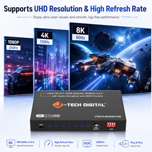 J-Tech Digital 8K HDMI Switch 2 in 1 Out 8K@60Hz 4K@120Hz 1080P@240Hz, HDMI Audio Extraction to Optical & 3.5mm, HDR HDCP 2.3 EDID Control, Compatible with PS5 PS4 Xbox Switch Apple TV Roku Fire TV - style: 2 in 1