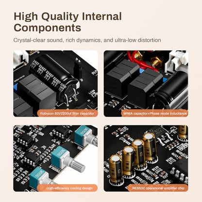 P60 Wireless Stereo Amplifier for Passive Speakers, 300W x 2 TPA3255 2 Channel Mini Class D Home Audio Amp with PFFB, Bass Treble Control for Outdoor/Bookshelf/Turntable Speakers
