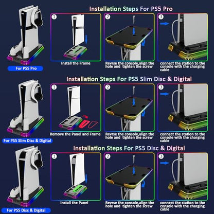 PS5 Stand for PlayStation 5 Console, PS5 Cooling Station & Charging Station with RGB, PS5/Slim/Pro Controller Charger Incl.3 Level Fan,Headset, PS5/Slim/Pro Accessories Comes 3 USB Ports - color: Piano-Black