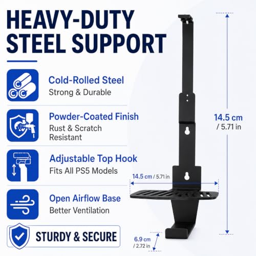 Heavy-Duty Steel Wall Mount Kit Compatible with PS5 Slim, Pro and Original | Secure EVA-padded support, complete install kit, easy setup, open airflow, holders for 2 controllers and headset - color: Black