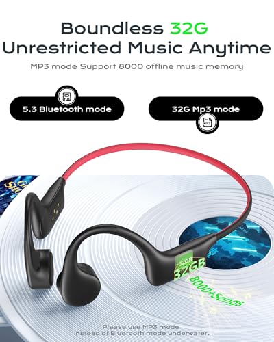 DEMICEA Open Ear Sport Headphones, Wireless Bone Conduction Earphones, Built-in 32GB MP3,with Mic, IP68, Sweat & Water Resistant, Up to 8 Hours Battery, Bluetooth 5.3,for Running,Swimming,Workouts - color: Black Red