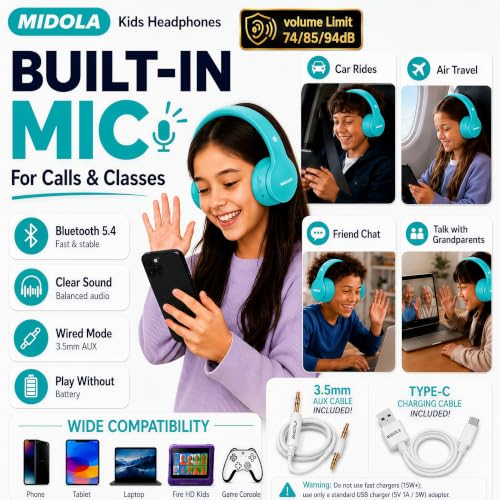 Kids Bluetooth Headphones Wireless 68 Hours,Safe Volume Limit 85/94dB | Adjustable Headband Foldable Over-Ear Lightweight Headsets for Toddler Girls Boys Tablet/iPad,HD Stereo,Built-in Mic,Cyan - color: Turquoise