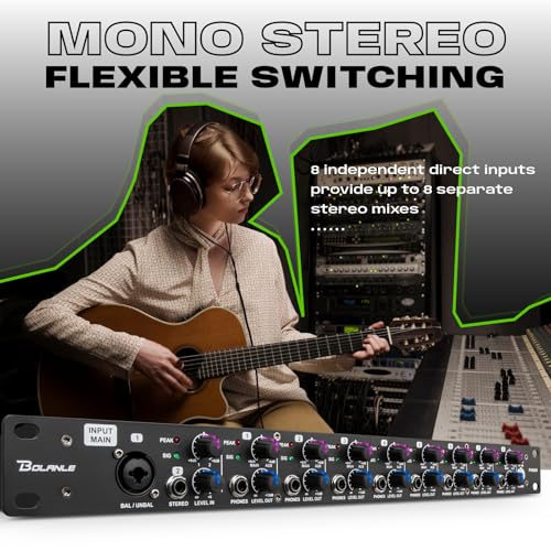 Bolanle PH8000 8-Channel Headphone Amplifier, High-Power Stereo Distribution Amp with Independent Volume Controls, 1U Rackmount for Studio Recording, Live Sound, Broadcasting, and Multi-User Monitorin - size: PH8000
