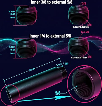 13 PCS Microphone Mount Mic Stand Adapter Parts Set - 3" Extension Tube, Aluminum Alloy 3/8 to 5/8, 1/4 to 5/8 Threaded Screw for Tripod Adapter, Shock Mount, Boom Arm, Projector, Black Anodized