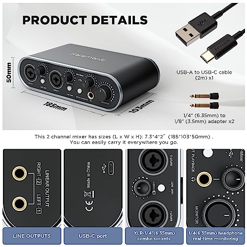 Saramonic MV-Mixer Dual-Channel XLR Audio Interface Mixer for Mac PC Recording Studio Singers Musicians Podcasters Guitar Sound Equipment, Real-Time and Playback Monitoring Music Production Software