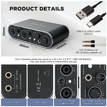 Saramonic MV-Mixer Dual-Channel XLR Audio Interface Mixer for Mac PC Recording Studio Singers Musicians Podcasters Guitar Sound Equipment, Real-Time and Playback Monitoring Music Production Software