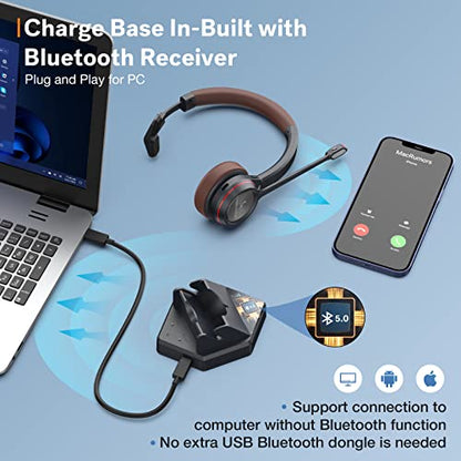 Wireless Headset with Microphone Noise Canceling for Laptop PC Computer | Bluetooth Headphone, Call Center Office, Single Ear, Built-in Bluetooth Dongle, Work with UC Softphones Ms Teams, Zoom, Webex - style: Mono
