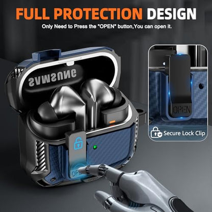 Safety Lock Case for Samsung Galaxy Buds3 FE/Pro/3 (Blue) | Compatible with MagSafe, Carbon fibre texture Design,with Phone Stand& Cleaning kit,Keychain, - color: A-b-Blue