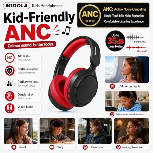 Kids Bluetooth Headphones Wireless,ANC, 68H,Safe Volume Limit 85/94dB | Active Noise Cancelling,Adjustable Headband Foldable Over-Ear for Toddler Girls Boys Tablet/iPad,HD Stereo,Built-in Mic,Black - color: Black