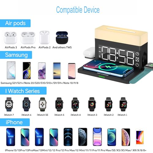 AYI Multifunctional Wireless Charging Station with Alarm Clock, 15W Fast Charger for Phones Watches Earbuds Qi-Certified, Stand with 7 RGB Night Light Modes - N65 White. - color: Wireless Charger Alarm Clockn65 White