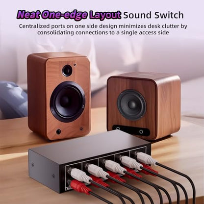 4-Way RCA L/R & 3.5mm Stereo Audio Switcher Bi-Directional Switch Selector | 4 in 1 out passive a/b Analog Stereo Audio Switcher Selector 1 in 4 out Audio Splitter Only one output plays at a time